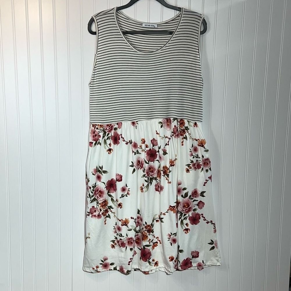 Michelle Mae Floral Tank Dress Women’s 2XLarge Cream Pink Striped Top Pockets